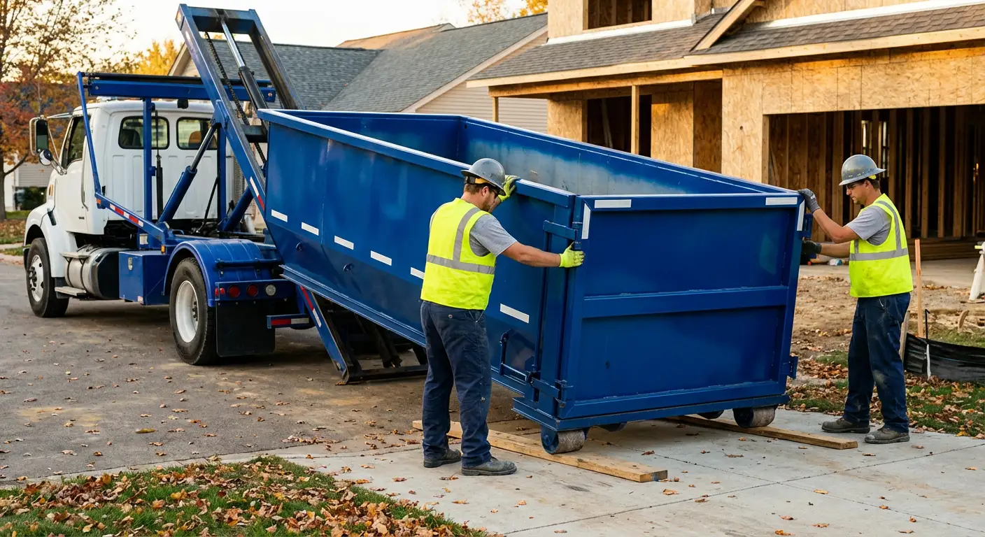 Roll-off dumpster delivery truck in residential area in Kittanning, PA