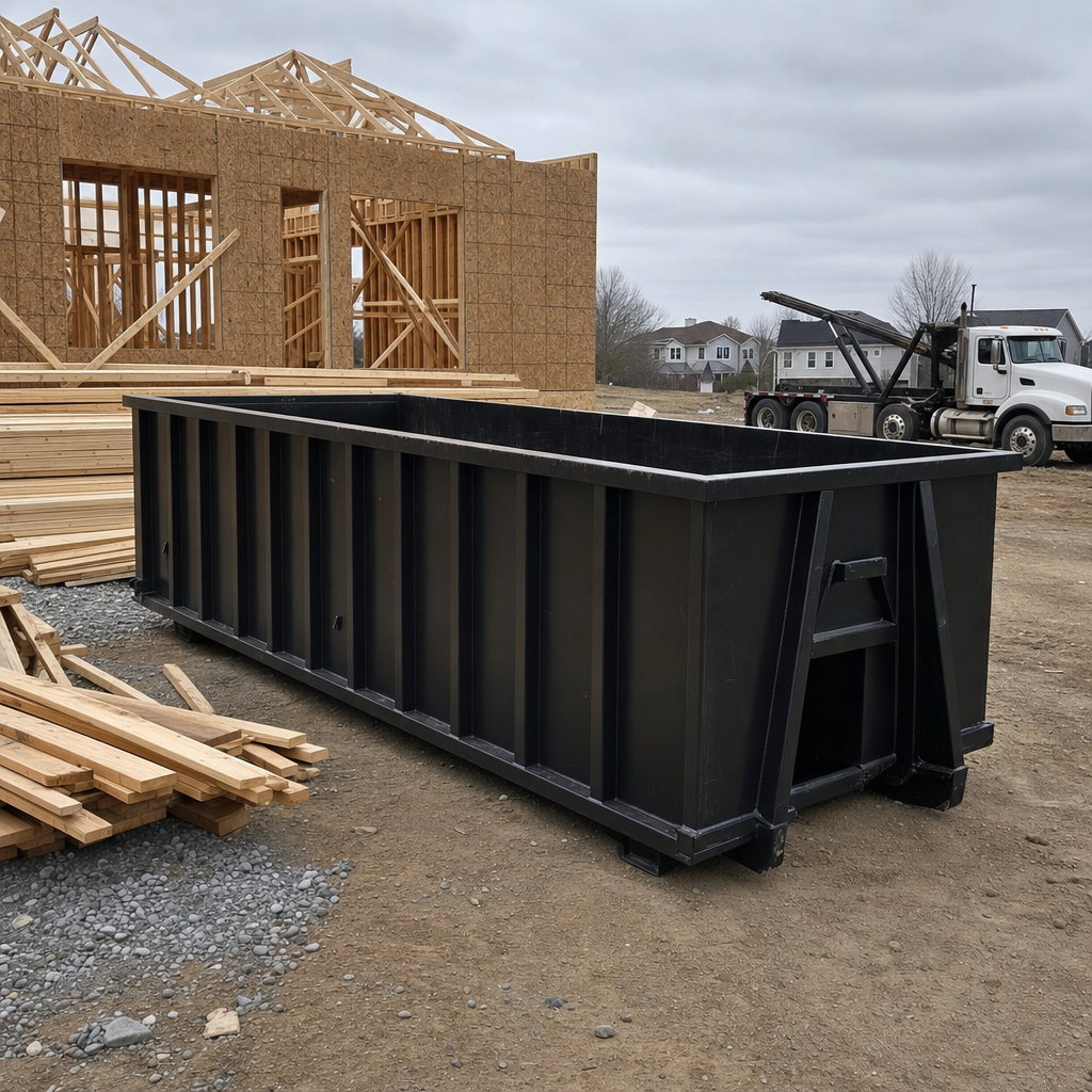 Matte-black 40-yard roll-off dumpster staged on a framed-out residential construction site in Kittanning, framing lumber stacked nearby, hooklift delivery truck visible in the background under bright Colorado daylight