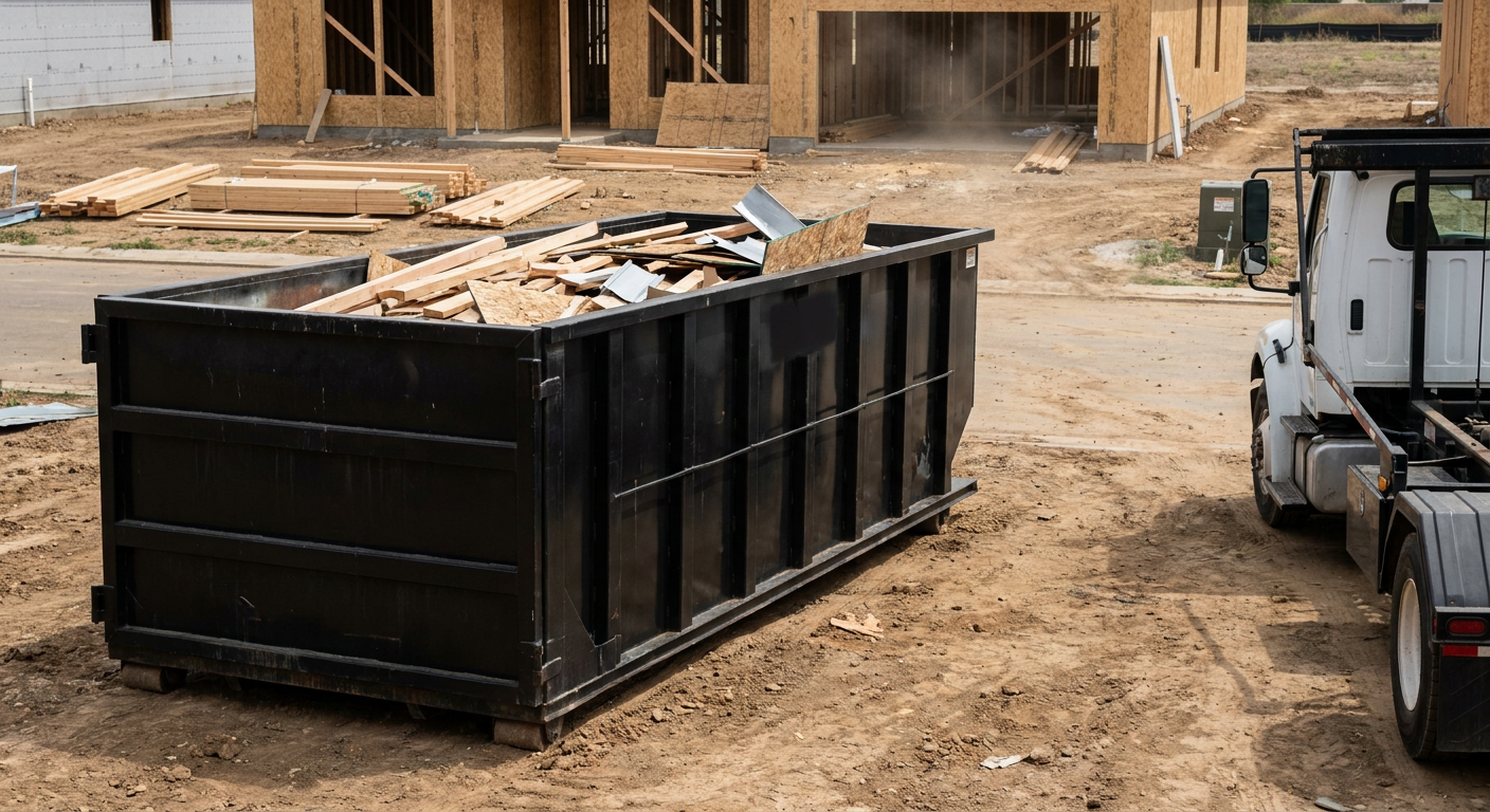 Matte-black 20-yard roll-off construction dumpster with heavy ribbed steel sidewalls and swing rear doors at a working jobsite in Kittanning, sitting directly on compacted dirt with an unmarked white hauler partially visible at the far edge of the frame.