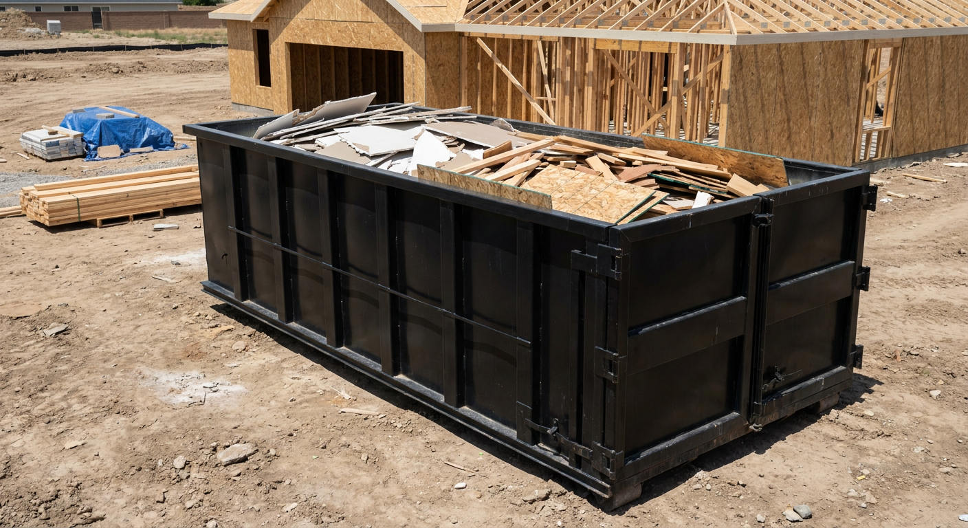Matte-black 30-yard roll-off construction dumpster sitting directly on the compacted-dirt site of a framed single-family home build in Kittanning, drywall and lumber scrap loaded inside.