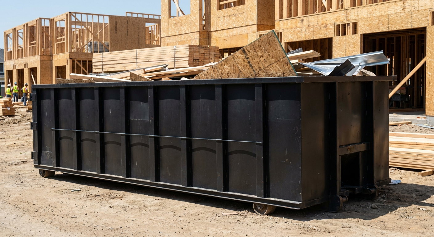 Matte-black 40-yard roll-off construction dumpster being lowered from a white-cab hooklift delivery truck onto the compacted-dirt jobsite at a commercial build site in Kittanning