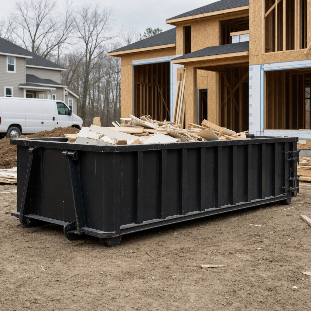 Worker in a yellow high-visibility vest tossing framing lumber and broken drywall into a matte-black 30-yard construction roll-off dumpster on an active build site in Kittanning, bright daylight