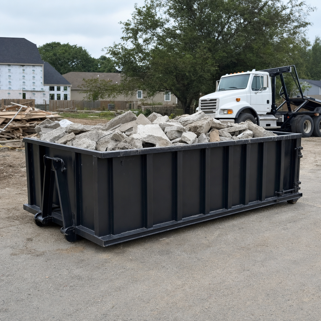 Low-profile matte-black lowboy roll-off dumpster loaded with broken concrete slab and rebar at a foundation tear-out in Kittanning, skid steer parked beside it, sunny Colorado morning