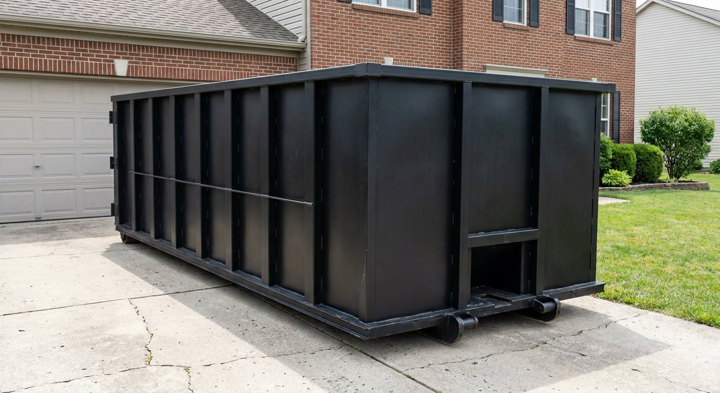 Matte-black 20-yard roll-off container on a Kittanning residential concrete driveway with reinforced ribbed steel sidewalls and a hinged rear walk-in door, clean bright daylight.
