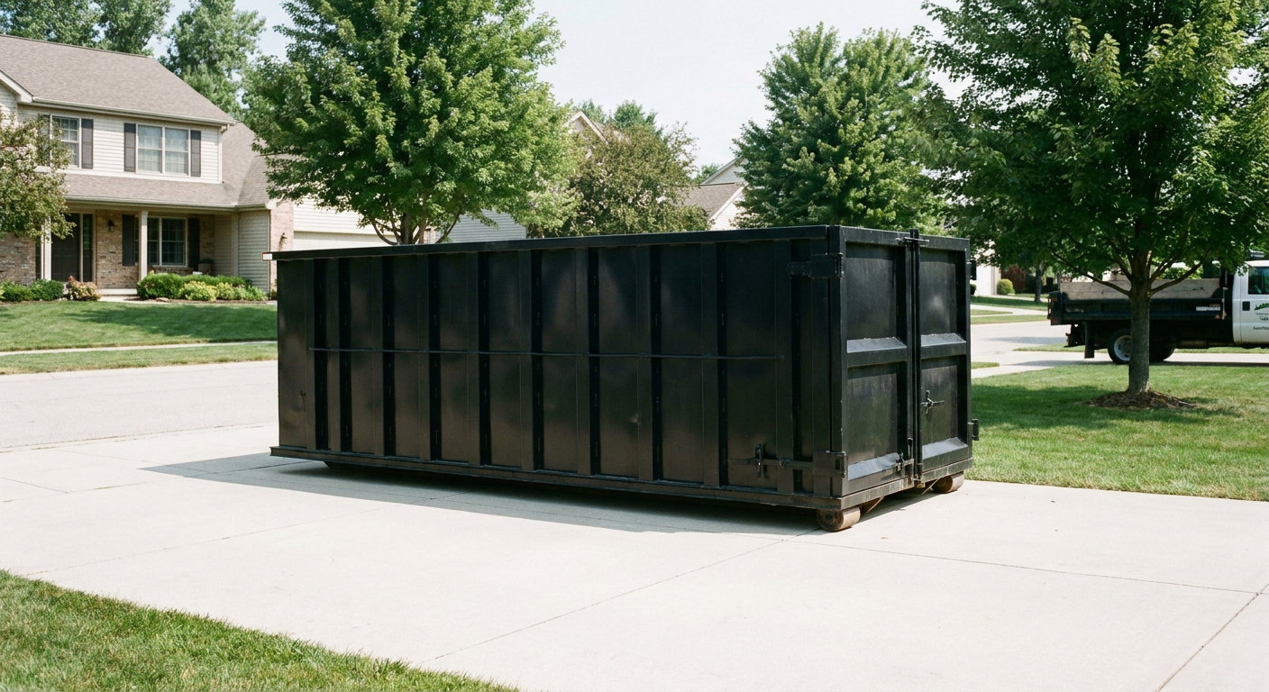 Matte-black 20-yard roll-off dumpster sitting level on a clean Kittanning residential concrete driveway under bright daylight, demonstrating clean placement directly on the concrete.