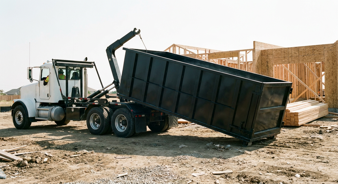 Matte-black roll-off dumpster being delivered onto a clean residential concrete driveway in Kittanning by an unmarked white hooklift hauler truck, bright morning daylight, documentary 35mm perspective.
