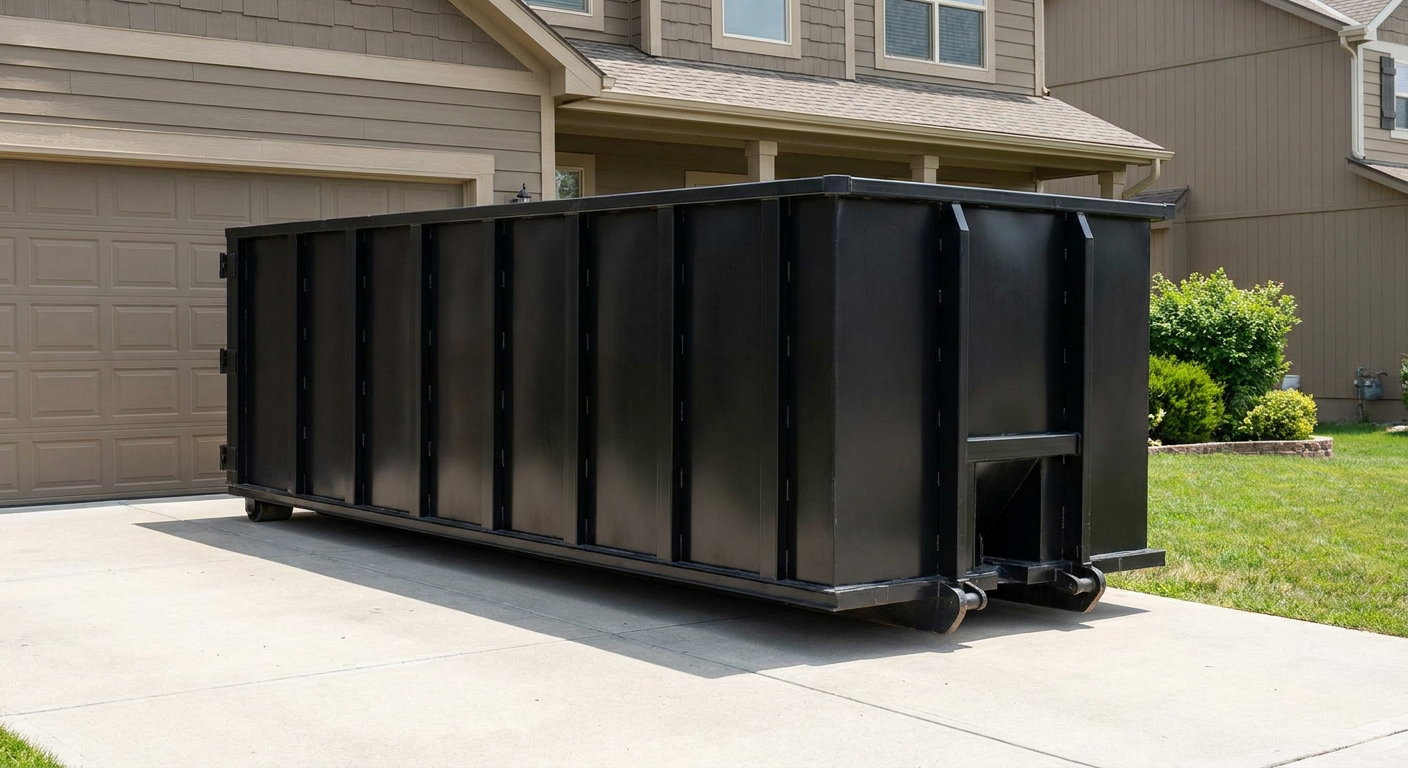 Matte-black residential roll-off dumpster sitting directly on a suburban Kittanning concrete driveway, garage door closed, single-family home in background, bright morning daylight.