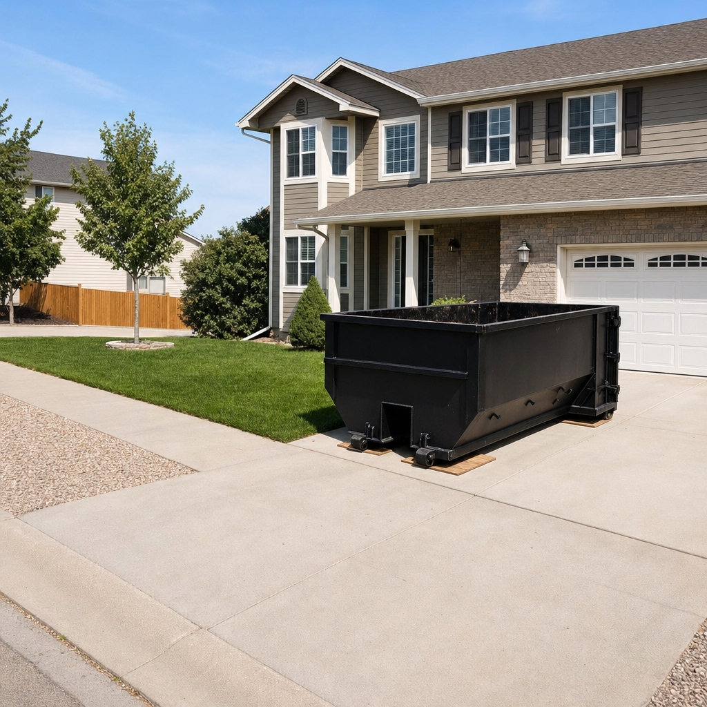 10-yard matte-black residential dumpster placed directly on a narrow Kittanning concrete driveway, room remains for a parked sedan beside it, mid-morning natural light