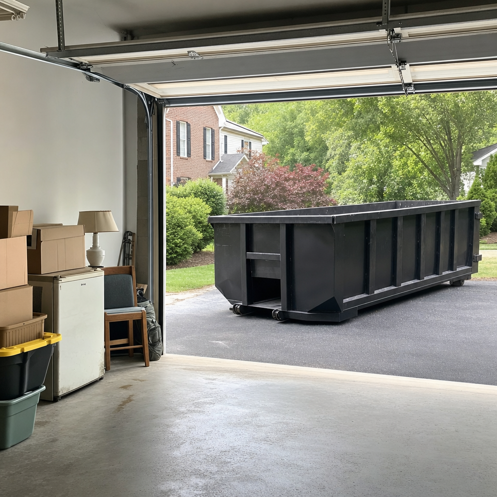 Open garage interior in a Kittanning home mid-cleanout — boxed items, an old appliance, and stacked yard tools queued near the driveway for a matte-black roll-off dumpster, organized and calm