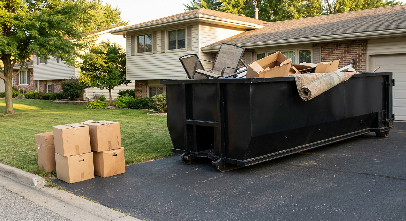 Front-yard view of a Kittanning split-level home with a 20-yard matte-black roll-off dumpster sitting directly on the asphalt driveway, a few clearly labeled donation boxes staged at the curb, calm sunny afternoon.