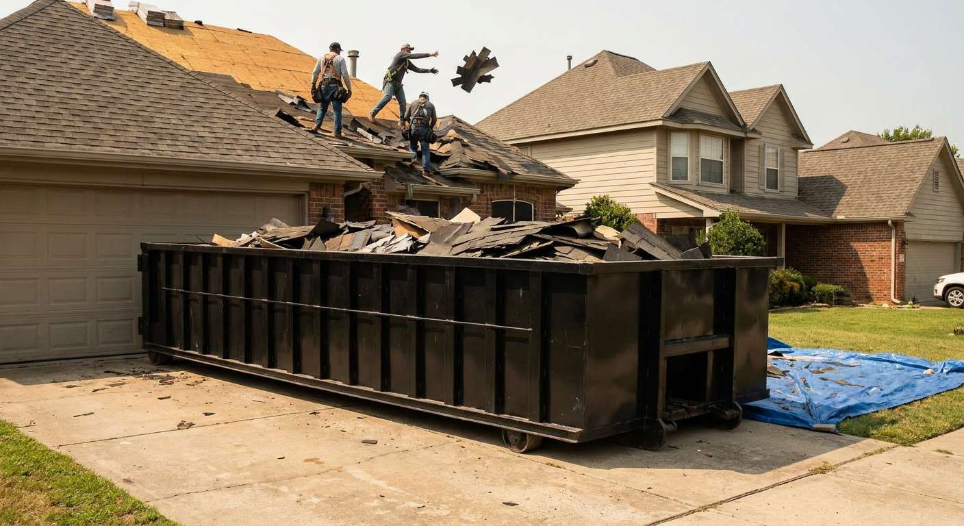 Matte-black roofing roll-off dumpster placed directly on a Kittanning residential concrete driveway, a tear-off crew on a two-story asphalt-shingle roof tossing shingle bundles into the low-walled container, bright daylight, documentary 35mm perspective.