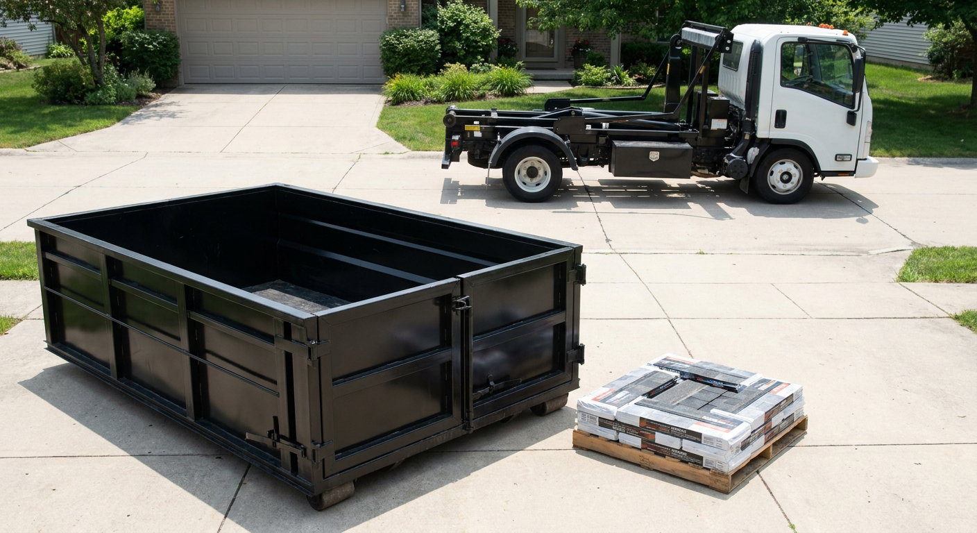 Matte-black 15-yard roofing roll-off dumpster with reinforced low side walls sitting directly on a Kittanning residential concrete driveway, three-tab asphalt shingle bundles stacked nearby, an unmarked white hauler truck partially visible at the edge of the frame.