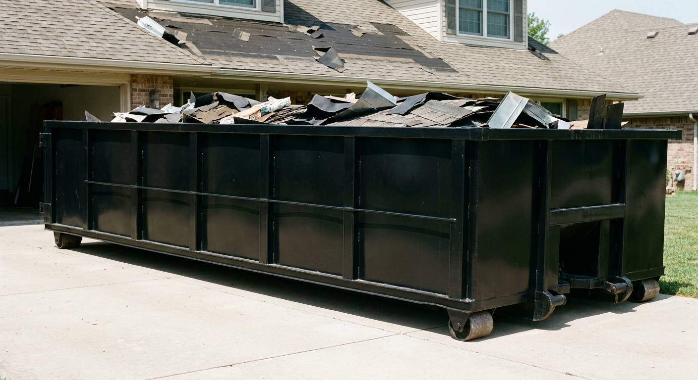 Matte-black 20-yard roofing roll-off dumpster with steel ribbed sides and swinging rear door, sitting directly on the concrete driveway of a two-story Kittanning home, asphalt shingle debris being loaded over the low wall, clean documentary lighting.