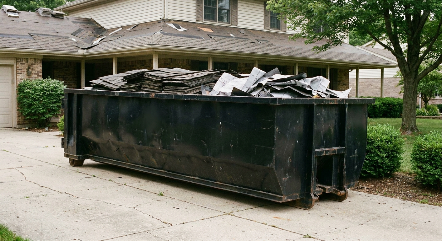 Matte-black 30-yard roofing roll-off dumpster sitting directly on a Kittanning concrete driveway, taller ribbed steel side panels, mixed tear-off debris of asphalt shingles and underlayment inside, professional documentary daylight.