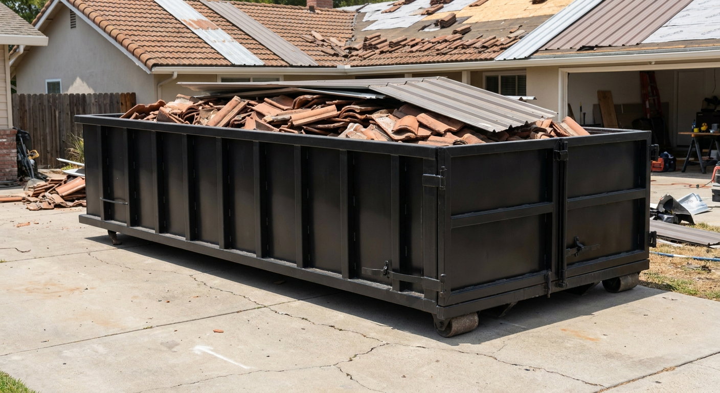 Matte-black low-wall heavy-debris roofing roll-off dumpster sitting directly on a Kittanning concrete driveway, broken concrete clay roof tiles and metal panel sections loaded inside, reinforced ribbed steel side walls visible, bright outdoor daylight.