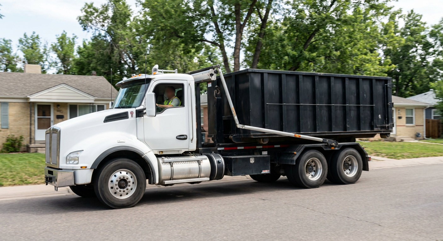 A wide documentary shot of a matte-black roll-off delivery truck pulling onto a quiet Kittanning residential street at mid-morning, with neighborhood rooftops and tree-lined blocks visible behind, showing the metro coverage footprint.