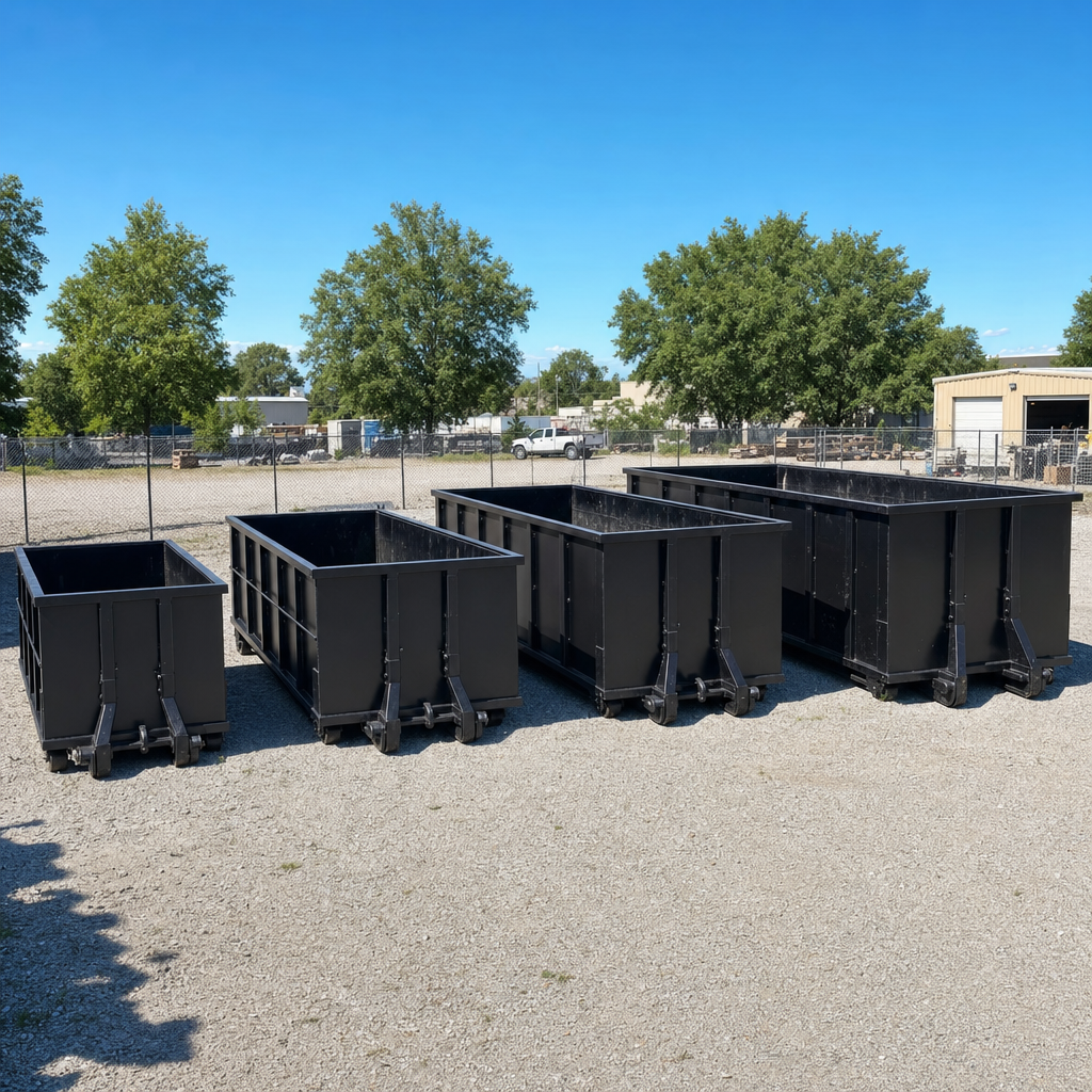 A clean lineup of matte-black roll-off dumpsters in 10, 20, 30, and 40-yard sizes staged on a sunlit gravel yard in Kittanning, showing the size progression from compact to commercial-scale containers.