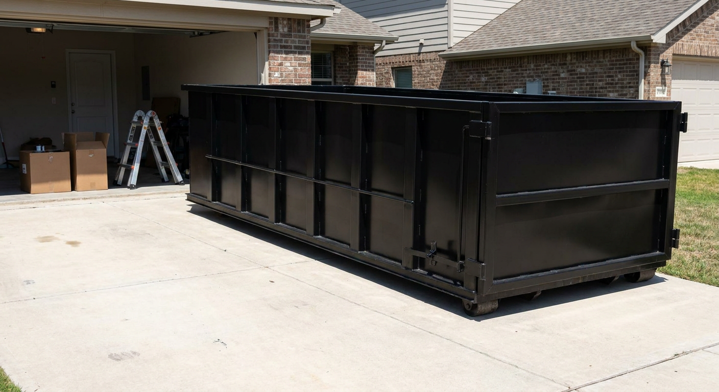 A matte-black 10-yard roll-off dumpster sitting directly on a residential Kittanning concrete driveway, mid-day sunlight, clean and ready for a garage cleanout.