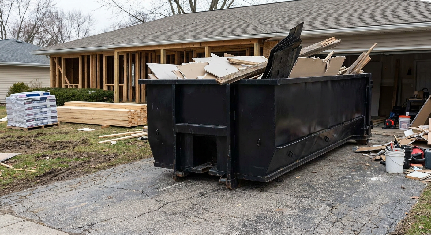 A matte-black 20-yard roll-off dumpster placed alongside a mid-renovation Kittanning home directly on the asphalt driveway, with framing materials and torn-off shingles staged neatly nearby.
