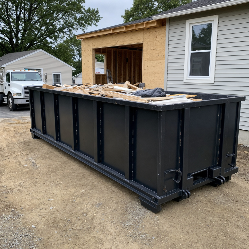 A matte-black 30-yard roll-off dumpster positioned at a Kittanning residential addition jobsite, with framing lumber and drywall scraps loaded through the open swinging rear doors.
