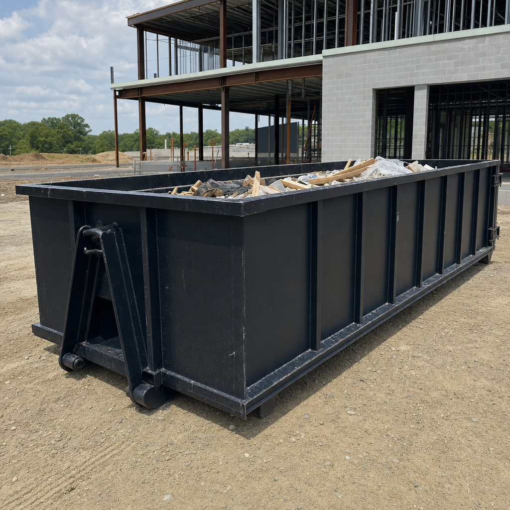 A matte-black 40-yard roll-off dumpster staged on a large Kittanning commercial construction lot, with a hooklift delivery truck parked alongside under bright midday sky.