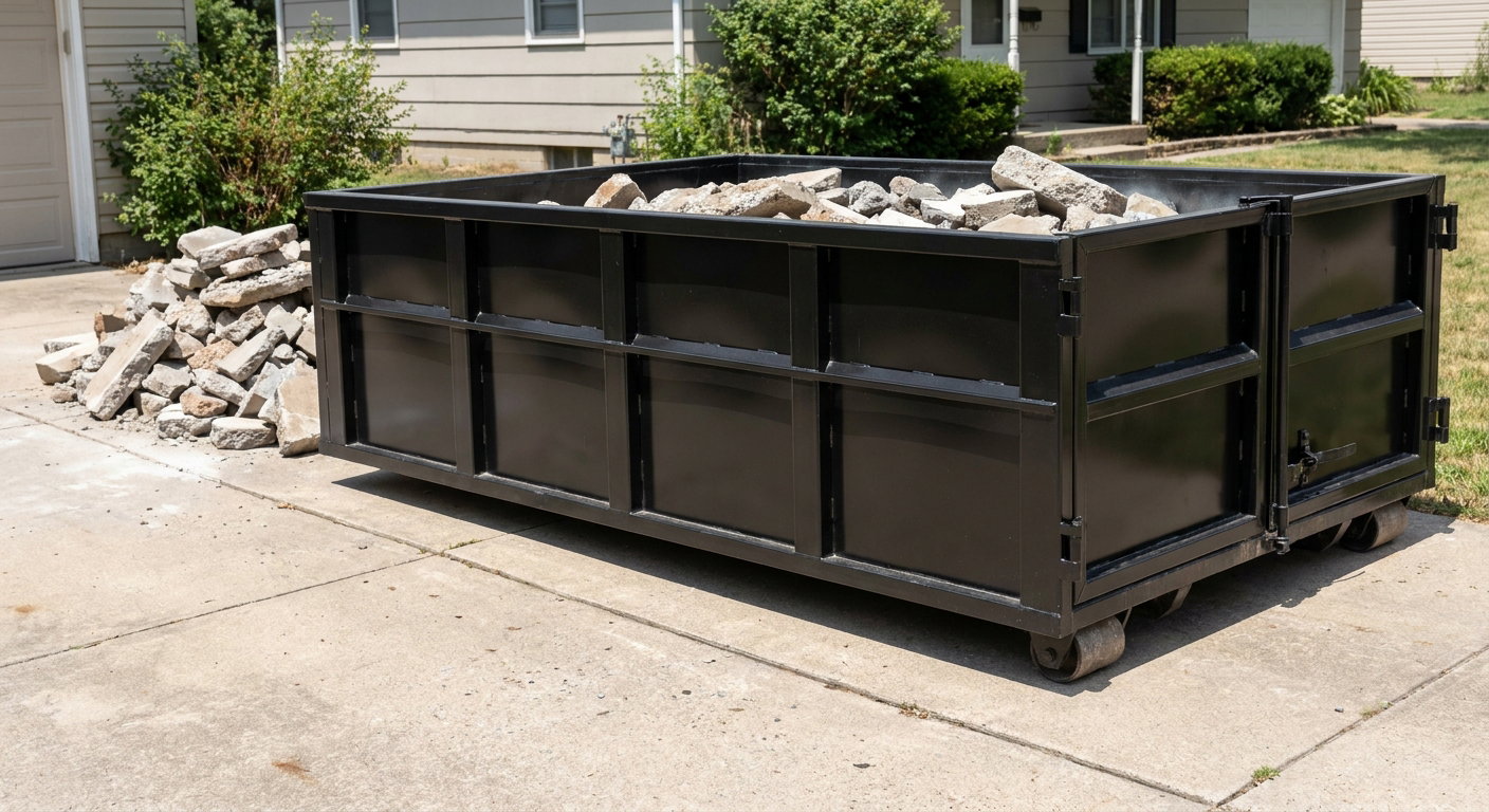A matte-black low-side heavy-debris roll-off dumpster placed directly on a Kittanning concrete driveway, with broken concrete chunks neatly stacked beside it under clean daylight.